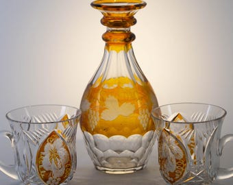 Antique Bohemian Crystal Glass Decanter | Engraved Amber Glass Carafe | c1890s