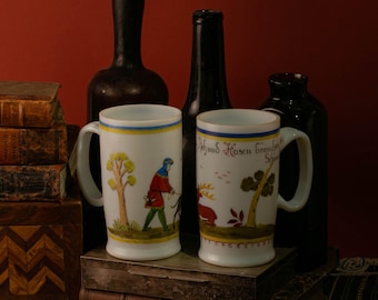 Milk Glass Mugs | Handpainted Germanic Cups | c1950s
