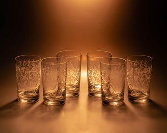 Set of 6 Etched Highball Glasses | Eisch Studio Art Glass Tumblers | Baroque Floral Motifs