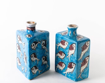 Antique Islamic Stonepaste Bottles | Handpainted Middle Eastern Ceramic Flasks | c1925