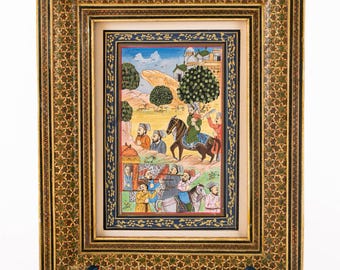 Middle Eastern Miniature Tempera Painting with Inlay Frame | c1950s
