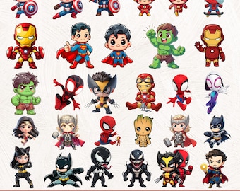 ちびスーパーヒーロークリップアートバンドルPNG、スーパーヒーローキャラクター、スーパーヒーローちびSVG、ベビーアベンジャーズクリップアート、アイアンマン、スパイダーマン、Pngs