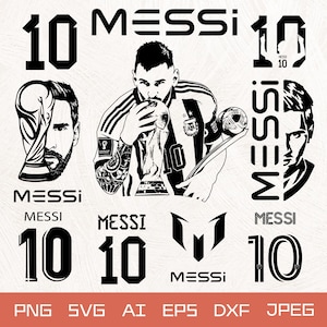 以下が含まれることがあります： 様々なスタイルの「MESSI」と数字の「10」をあしらった白黒グラフィックデザイン。トロフィーを持つサッカー選手と肖像画の画像が含まれています。ファイル形式：PNG、SVG、AI、EPS、DXF、JPEG。