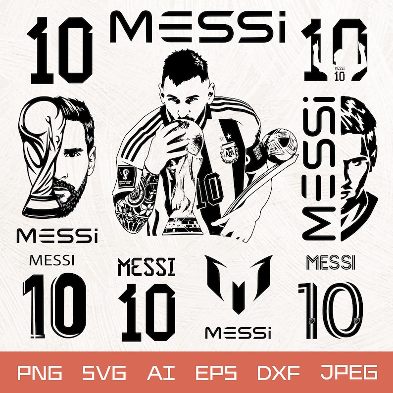 以下が含まれることがあります： 様々なスタイルの「MESSI」と数字の「10」をあしらった白黒グラフィックデザイン。トロフィーを持つサッカー選手と肖像画の画像が含まれています。ファイル形式：PNG、SVG、AI、EPS、DXF、JPEG。