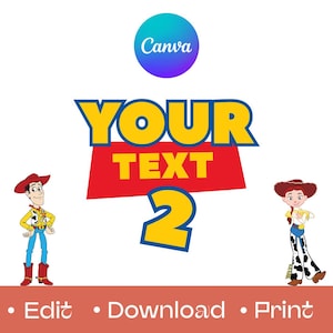 May include: A digital graphic featuring the text YOUR TEXT 2 in a bold yellow and blue font style. On the left stands a male cowboy character in a yellow shirt and blue trousers. On the right is a female cowgirl character in a white shirt and cow-print trousers.