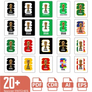 Può includere: Una collezione di venti patch grafiche digitali con il logo della Coppa del Mondo FIFA 2026, che include l'icona del trofeo e vari schemi di colore, bandiere e variazioni di testo, visualizzati in una griglia con icone di formati di file.