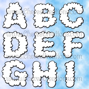 May include: White cloud-shaped letters A through I with a black outline, set against a light blue and white watercolor background. The letters have a fluffy, textured appearance. The website address "CheresCreations.com" is watermarked across the image.