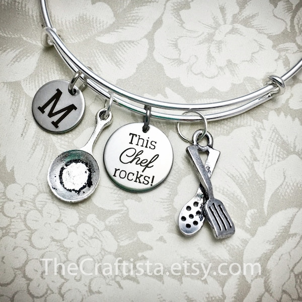 CHF1, Personalized Chef Bracelet,Chef Bangle, Utensil Charm, Chef Gift, Gifts for  Chef, Personalized Gift, Cooking Pan Charm, Frying Pan
