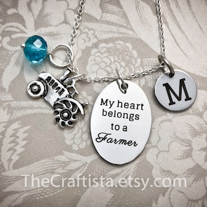 MFR, Personalized Farmer Necklace With Birthstone and Initial, My heart belongs to a Farmer, Farmer&#39;s Wife, Farmer Gifts, Farmer Necklace