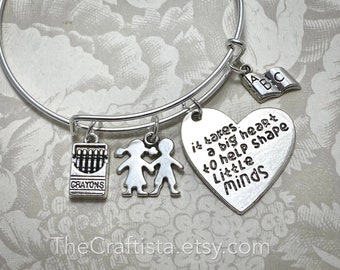 TBP, Personalized Pre-School Teacher Bangle, Pre-school Teacher Gift, Teacher Jewelry, Crayons Charm, Kids Charm, Teacher Gifts