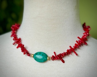 Red Coral Branches and Turquoise Howlite with authentic freshwater pearls, Artisan Jewelry, Chunky Necklace, Bohemian Jewelry