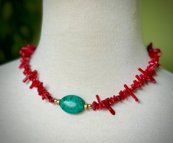 Red Coral Branches and Turquoise Howlite with authentic freshwater pearls, Artisan Jewelry, Chunky Necklace, Bohemian Jewelry