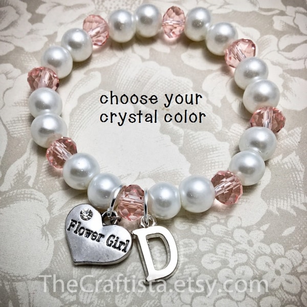 Personalized Flower Girl Bracelet w/ Initial -CP- Flowergirl Bracelet, Choose Your Color, Pearl Bracelet, Initial Bracelet, Flowergirl Gift