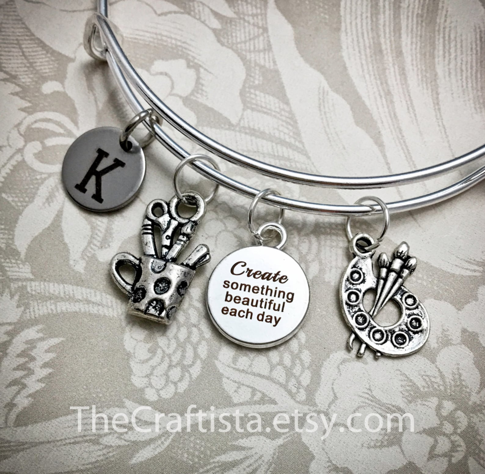 AB, Artists Bracelet, Artist Bangle, Artist Charm, Artist Gift, Gifts for Artists , Paint Brushes Charm, Artist's Palette Charm
