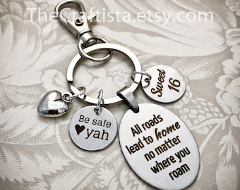 Boxed Sweet 16 sleutelhanger, nieuwe chauffeur cadeau, zoete 16 geschenken, zoete 16 sleutelhanger, geschenken voor zoete 16, zoete 16 charme, alle wegen leiden naar huis