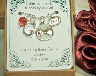 Personalized Sister Necklace With Birthstone and Initial - S-01A - Personalized Sister's Gift -- Sisters Necklace -- Christmas Gift