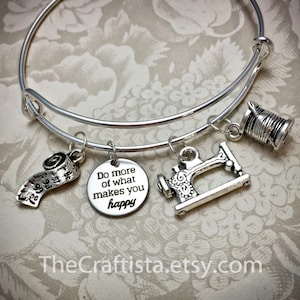 SWB, Personalized Sewing Bracelet, Sewing Bangle, Sewing Charm, Sewing Gifts, Adjustable Bangle, Sewing Machine Bangle, Measuring Tape Charm