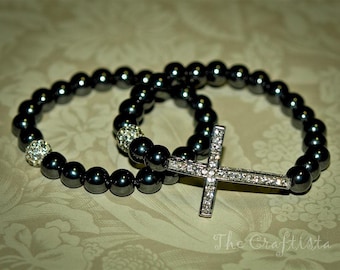 Sideways Cross Bracelet, 2 Bracelets, Rhinestone Silver Cross, Hematite Bracelet, Hematite Beads, Cross Bracelet, Cross, Religious Bracelet