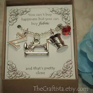 Personalized Sewing Necklace With Birthstone and Initial - SW1 - Sewing Machine Charm - Sewing Machine Pendant - Seamstress Necklace