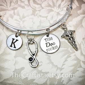 DOC, Personalized Doctor Bracelet With Initial, Doctor&#39;s Bangle, Personalized Doctor Gift, Caduceus Charm, Stethoscope Charm, Doctor Bangle