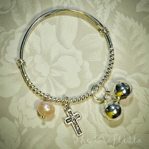 Baptism Baby Bangle -- Freshwater Pearl  -- Silver Cross Charm -- Infant, toddler