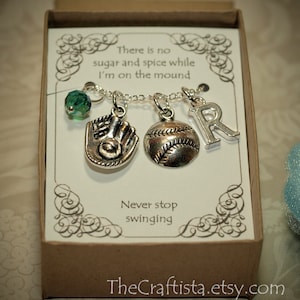 Personalized Softball Necklace With Birthstone and Initial -- SB -- Baseball Necklace -- Baseball Mom -- Softball Mom -- Glove Charm