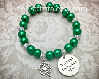 St Patrick's Jewelry, Irish Luck Bracelet, Pearl Bracelet, Irish Charm Bracelet, Shamrock Charm, Beautiful, Lucky and Irish, Irish Jewelry