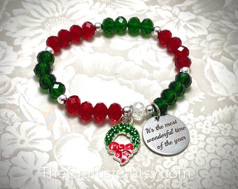 Christmas Bracelet, Red and Green Crystal Bracelet, Silver Plated Hematite Beads, Crystal Bracelet, Christmas Jewelry, Stretchy Bracelet