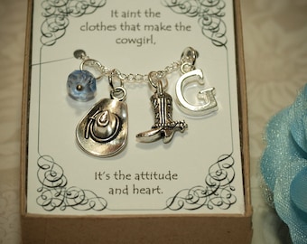 Personalized Cowgirl Necklace With Birthstone and Initial - C04 - Cowboy Boots Necklace - Cowboy Hat Pendant - Cowgirl Boots Pendant