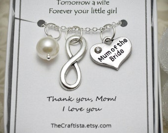 Mum of the Bride Pearl Necklace - MOB6 - Solitaire Pearl Necklace - Infinity Charm - Infinity Necklace - Mother of the Bride Gift