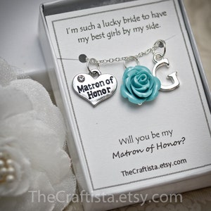 MT, Personalized Matron of Honor Necklace with  Initial and Rose Pendant, Vintage Inspired Matron of Honor Necklace, Matron of Honor Gift