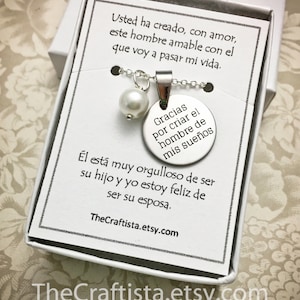 MG13, Spanish Mother of the Groom Necklace, Spanish Engraved Necklaces, Gracias por criar el hombre de mis suenos, MOG Spanish Quote