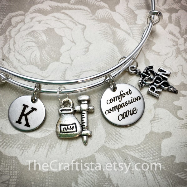 RNB, Personalized Nurse Bracelet With Initial, Personalized Nurse's Gift, RN Gifts, Caduceus Charm, RN Charm, Nurse's Adjustable Bangle,