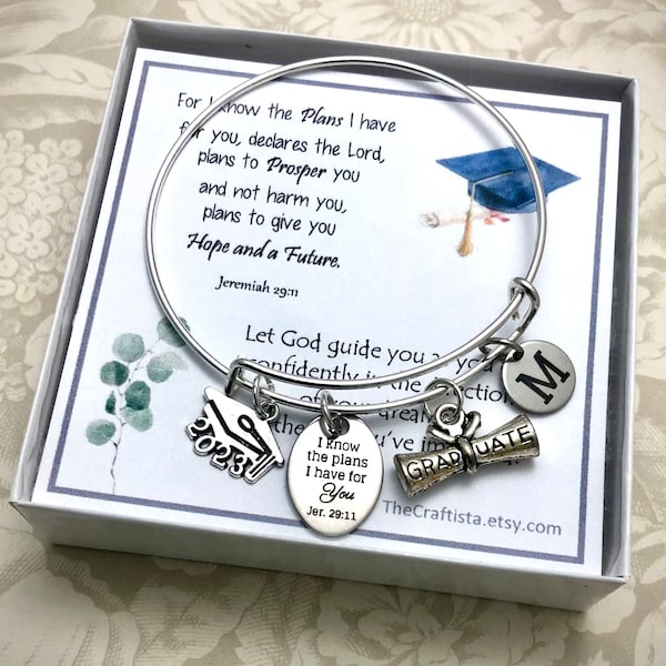 JRB, Class of 2023, Personalized Graduation Bangle with Initial Charm, Graduation Gift, Diploma Charm, Christian Graduation, Jeremiah 29:11