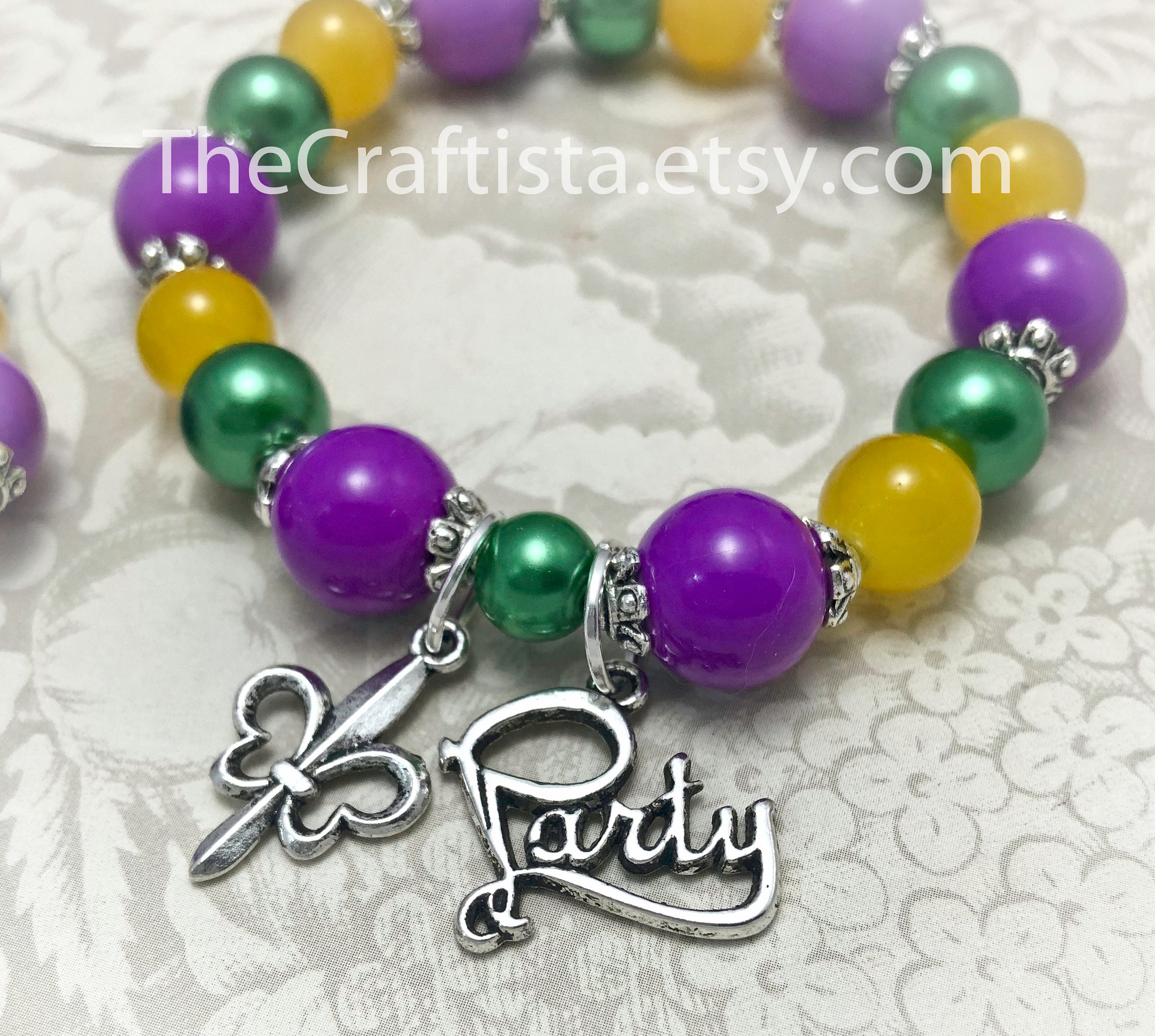 Mardi Gras Beaded Charm Stretch Bracelet / New Orleans / Fat Tuesday 