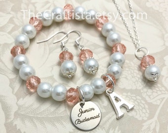 Personalized Junior Bridesmaid Bracelet with Initial -JCPS- Junior Bridesmaid Necklace, Junio Bridesmaid Set, Bracelet, Choose Your Color