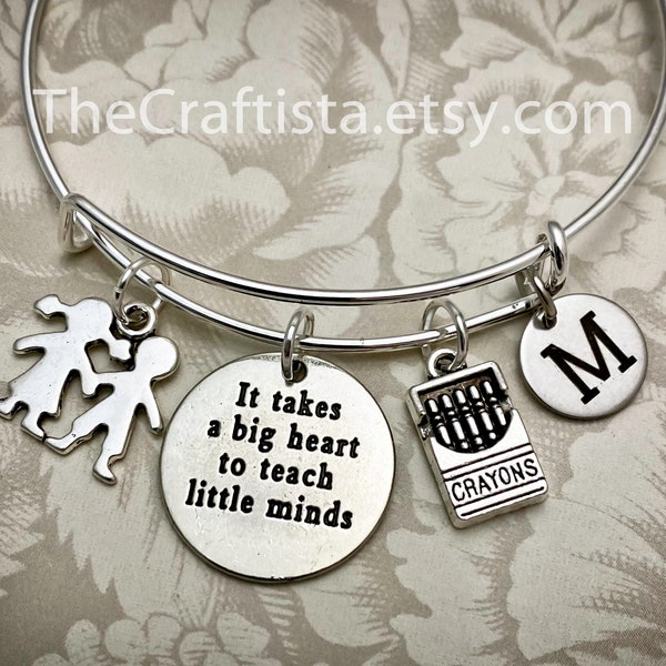 TB1, Personalized Teacher Adjustable Bangle, Teacher's Gift, Teacher Jewelry, Crayons Charm, Kids Charm, Teacher Gifts, Teacher Charm