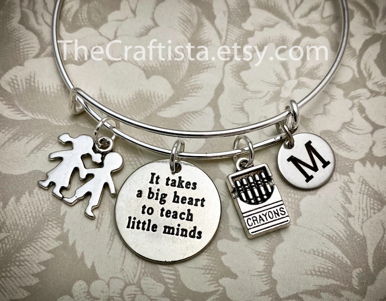 TB1, Personalized Teacher Adjustable Bangle, Teacher's Gift, Teacher Jewelry, Crayons Charm, Kids Charm, Teacher Gifts, Teacher Charm image 1