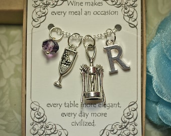 Personalized Wine-lover Necklace With Birthstone and Initial- WLA -Corkscrew Charm - Wine Glass Pendant - Corkscrew Necklace - Wine Charm