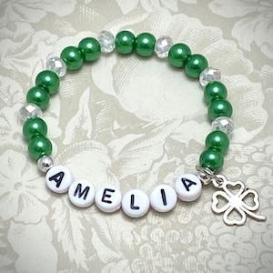 Personalized St Patrick&#39;s Bracelet, St Patrick&#39;s Bracelet, St Patrick Toddler Bracelet, St Patrick&#39;s Jewelry, Shamrock Charm, Name Bracelet