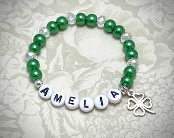 Personalized St Patrick's Bracelet, St Patrick's Bracelet, St Patrick Toddler Bracelet, St Patrick's Jewelry, Shamrock Charm, Name Bracelet