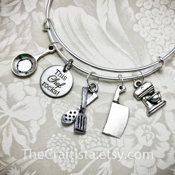 CHF2, Chef Bracelet, Chef Bangle, Utensil Charm Chef Gift, Gifts for a Chef, Mixer Charm, Cooking Pan Charm, Frying Pan Charm, Cleaver Charm