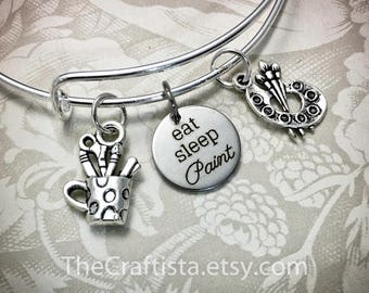 PNT, Artists Bracelet, Painter Bangle, Artist Charm, Artist Gift, Gift for Artists, Paint Brushes Charm, Artist's Palette Charm, Painter