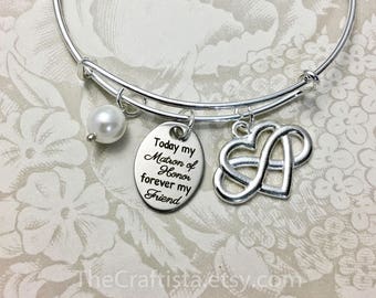 TMRH, Personalized Matron of Honor Bangle with Infinity Heart Charm and Pearl Charm, Matron of Honor Gift, Matron of Honor Bracelet