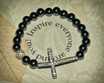 Sideways Cross Bracelet   Rhinestone Silver Cross -- Hematite Beads