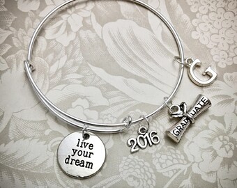 LD, 2023 Graduation Bangle, Graduation Gift, 2021 Charm, Graduation Bangle, Live Your Dream, Graduation Charm, 2023, Adjustable Bangle