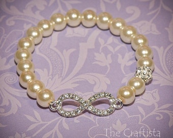 Bridesmaid Infinity Bracelet -- Rhinestone Silver Infinity -- Pearls, You Choose the Color