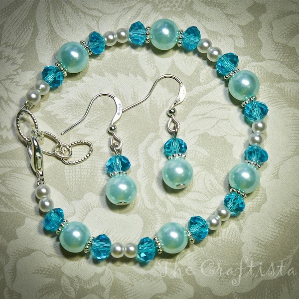 Bridesmaid Bracelet and Earrings -- Aqua Blue Glass Pearls and  Crystals -- Bridesmaids and flowergirls - Choose Your Bracelet Color