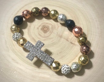 Sideways Cross Bracelet, Faith Bracelet, Stackable Cross Bracelet, Multi-colored metal beads, Cross has 3 rows of multifaceted crystal beads