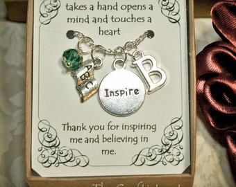 Personalized Teacher Necklace with Birthstone and Initial, T03 Teacher Necklace, Teacher Appreciation Gift, Teacher Charm, Teacher Quotes